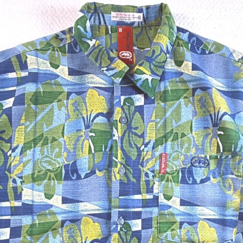 Marc Ecko Button Up Shirt Mens XL Blue Green Tropical Floral Rhino Logo Y2K